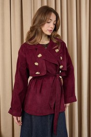 Resim Soul Kadın Broş Detaylı Kısa Trench - 32405 - BURGUNDY 