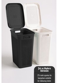 Resim İronika Slim İki Bölmeli Kapaklı Dekoratif Kirli Çamaşır Sepeti 90 Litre Siyah - Beyaz Siyah 