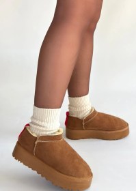 Resim Pabucmarketi Taba Süet Kürklü Kadın Düz Bootie Çok Renkli 