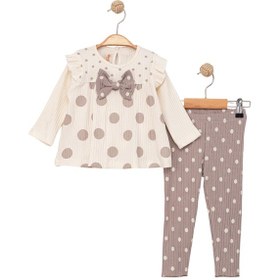 Resim Puantiyeli Fitilli Kız Bebek Taytlı İkili Takım Ekru 