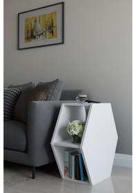 Resim Alpa Ev Mobilya Altıgen Tasarım Yan Sehpa, Modern Koltuk Yanı Ve Dekoratif Kitaplık, Salon Sehpası Beyaz 