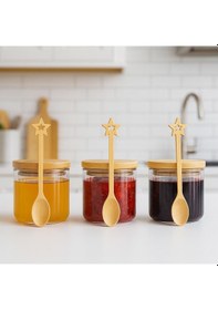 Resim 3 Lü Bambu Kasıklı Bambu Kapaklı Borosılıkat Cam Kahvaltılık 90 X 60 Seti Beyaz 