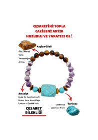 Resim Gümüştel El Sanatları Sertifikalı Doğal Taş Cazibe Huzur Cesaret Bilekliği Kaplan Gözü Ametist Turkuaz Doğaltaş Bileklik Çok Renkli 
