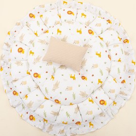 Resim Yuvarlak Babynest ve Yastık - Çift Taraflı - Sütlü Kahve Örgü - Aslan 