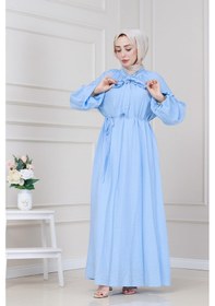 Resim Sevitli Yakası Bağcıklı Lara Elbise-bebe Mavi-5326 Bebe Mavi 