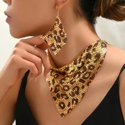 Resim Şık retro leopar desenli kolye ve küpe seti, parıltılı metal taklit yaka, bayan aksesuarları, parti hediyesi 