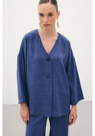 Resim Sateen Düğmeli Kimono - İndigo-136358 İndigo 