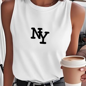 Resim Kadınlar için Kolsuz "NY" Grafik Tank Üstü - Yumuşak, Hafif Sarı Renkli, Cesur Beyaz Harfli, Rahat Yaz Giyimi, Katlama veya Tek Başına Kullanım İçin Mükemmel, Bayanlar Tank Üstleri 