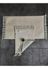 Resim Elite Krem Ponpon Saçaklı Peluş 2'li Banyo Paspası Halısı Kaymaz Taban Klozet Takımı Püsküllü Krem 