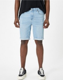 Resim Koton Yırtık Kot Şort Slim Fit Katlama Detaylı Düğmeli Cepli Açık İndigo 4sam40101nd Açık İndigo 