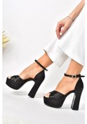 Resim Fox Shoes Siyah - Siyah Kumaş Platform Kalın Topuklu Ayakkabı M348202504 Siyah - Siyah 