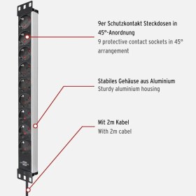 Resim Brennenstuhl Alu-Line Serisi 19" Server Kasası Uyumlu Uzatma Kablosu 9 Soketli 2 Metre Kablolu 