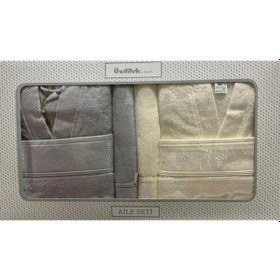 Resim Özdilek Ditsy Aile Seti Bornoz Seti Gri - Krem Çok Renkli 