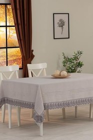 Resim Tropik Home Dantelli Keten Efektli Leke Tutmaz Lüks Masa Örtüsü 160x220 Cm Gri 