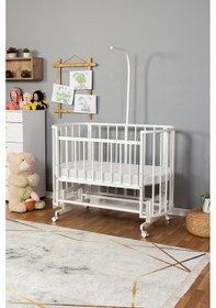Resim Ahşap Beşik Anne Yanı Beşik Sallanır Beşik Beyaz 60x120 - Uyku Setsiz Tek Yataklı Tekerlekli Beyaz 