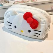 Resim Sanrio Hello Kitty Peluş Kalem Kutusu - Sevimli Karikatür Beyaz Kedi Tasarımı Kırmızı Fiyonk ile, Okul ve Ofis için Yumuşak Polyester Fermuarlı Saklama Çantası, Sevimli Kalem Kutusu 