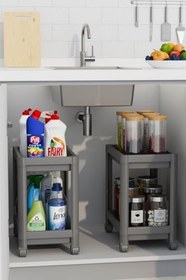 Resim Mithra Life 2 Adet 2 Katlı Tekerlekli Tezgah Altı Gri Banyo Mutfak Rafı MIT1124 