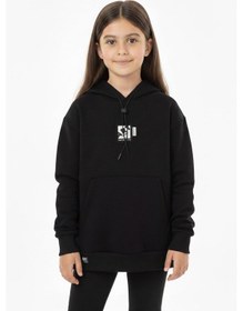 Resim Kapüşonlu Art Baskılı Kanguru Cepli Kız Çocuk Sweatshirt-90850 Siyah 