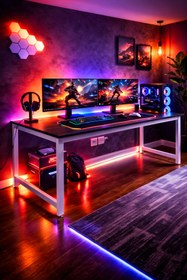 Resim Flinder Siyah/Beyaz Oyuncu Masası 160x60, Bilgisayar Masası, Gamer Masası, Gaming Masa, Metal Ayaklı 