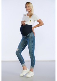 Resim Bpf Lazer Detaylı Slim Fit Hamile Pantolon - Mavi 