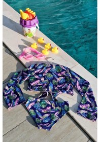 Resim Mayom Kız Çocuk Yaprak Desenli Pareolu Bikini Takımı 3'lü Set-lacivert-pembe Lacivert - Pembe 