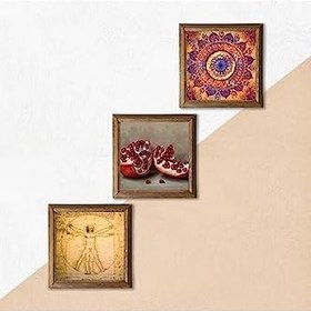 Resim Pinecone Mandala, Leonardo da Vinci Vitruvius Adamı, Nar Taş Duvar Tablosu - Ahşap Çerçeveli Taş Tablo - 25x25 cm - 3 Parça Set - Dekoratif Duvar Sanatı - Modern Ev ve Ofis Duvar Dekoru W3-1384 