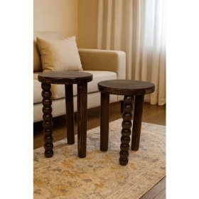 Resim Ceviz Renk 2li Doğal Masif Ahşap Yan Sehpa Zigon Fiskos Seti 