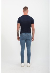 Resim Erkek Süper Skinny Fit Düşük Bel Dar Kesim Dar Paça Likralı Mavi Jean Pantolon Mavi 