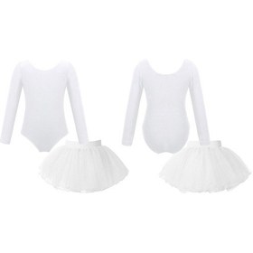 Resim Beyaz Çocuk Kız Uzun Kollu Yuvarlak Boyun Leotard Elastik Kemer İle Tutu Katmanlı Etek Bale Dans Performansı İçin Beyaz 