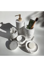 Resim Ture Concept Mermer Görünümlü Banyo Seti & Tepsi #& Sıvı Sabunluk & Katı Sabunluk & Diş Fırçalık & Pamukluk 