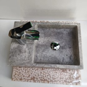 Resim Mym Mermer Yapı Market Gümüş Traverten Batarya Çıkışlı Köşeli Lavabo 