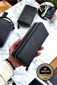 Resim CüzCan Tigan Unisex Siyah Çift Fermuarlı Hakiki Deri Telefon Cüzdanı El Çantası 