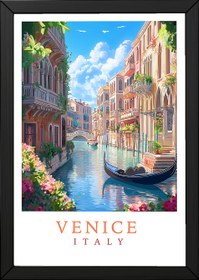 Resim Venice Italy Travel Poster - Vintage Canal Gondola Romance Print - With Hanger - Wood / 20 x 28" (50x70 cm) 