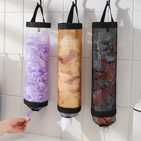 Resim Duvara Monte Mutfak Çöp Torbası Düzenleyici - Yıkanabilir Fileli Çekmece Depolama Çantası, Plastik Torbalar için Büyük Kapasiteli Yerden Tasarruf Tasarımı (Matkap Gerektirmez Çok Amaçlı) 