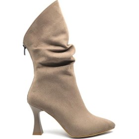 Resim Feles Arkadan Fermuarlı Büzgülü Kadın Çizme Vizon 