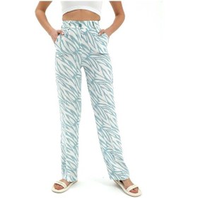 Resim Wpr Zebra Desen Yüksek Bel Keten Pantolon - Mavi-mavi Mavi 