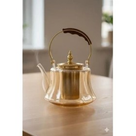 Resim Morponi Ahşap Saplı Isıya Dayanıklı Borosilikat Amber Cam Demlik - 1200 ml Süzgeçli Cam Demlik 