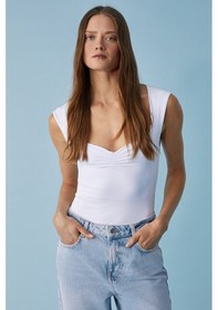 Resim Grimelange SEGER Kadın Slim Havuz Yaka Çıtçıtlı Kısa İnce Beyaz Bluz 