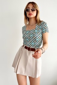 Resim LACHT Kadın Kısa Kol Kare Yaka Mavi Desenli Bluz 