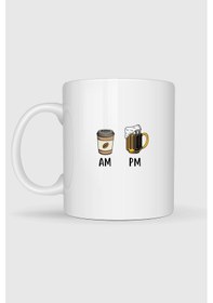 Resim Sabah Kahve Akşam Beer Tasarımlı Kupa Bardak Beyaz 