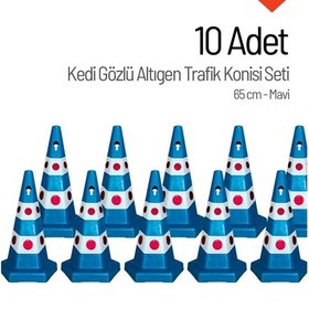 Resim 10 Adet Kedi Gözlü Mavi Altıgen Trafik Konisi 65 Cm Trafik Dubası Seti-3538 