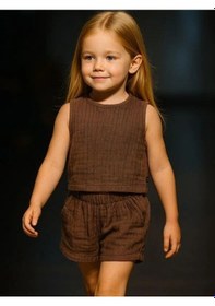 Resim Çocuk Müslin Şortlu Takım-15868 Kahverengi 