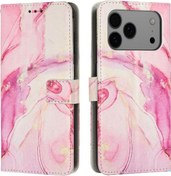 Resim İphone Uyumlu 17 Pro Max İçin Kartlık Cüzdan Kapaklı Kılıf Boyunluk Tokalı Kapak Boyalı Mermer 
