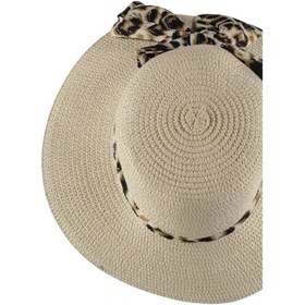 Resim Bipamuk Leopard Model Kadın Hasır Fötr Fiyonklu Yazlık Plaj Şapka Krem 