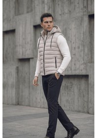 Resim Yelly Slim Fit Fermuarlı Cep Detaylı Erkek Şişme Yelek - Çıkarılabilir Kapüşonlu & Astarlı Gri 