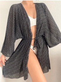 Resim Pink Life Siyah Tül Üzeri Golf Baskılı Likralı Kimono Tarzı Pareo-siyah Siyah 