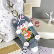 Resim Moda Büyük Kötü Kurt Serisi Peluş Kart Klipsi - Pembe Detaylı Yumuşak Gri Kurt, Kampüs Yemek Kartları ve İdol Fotoğrafları için Anahtarlık & Kart Tutucu, Sevgililer Günü Noel Hediyesi Kız Arkadaş En İyi Arkadaş 