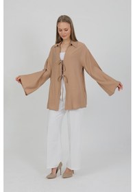 Resim Doğal Viskon Kumaş Cepli Bağcıklı Kadın Kimono 1167 Hafif, Dökümlü, Akışkan, Yazlık Model Vizon 