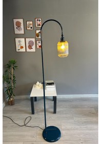 Resim Bal Rengi Cam Lambader Deniz Yeşili Gövde Modern Metal Oturma Odası Çalışma Odası Zemin Lambası Natural 