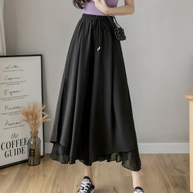 Resim Kadınlar için Yazlık Rahat Yüksek Bel Elastik Bel Şifon Etek Pantolon - Geniş Paça Dokuztepsi Uzunluk, Düz Siyah, Makinede Yıkanabilir İlkbahar/Yaz Gezintileri İçin, Maksi Etekler, Günlük Kıyafet, Rahat Kesim, Pürüzsüz Doku 